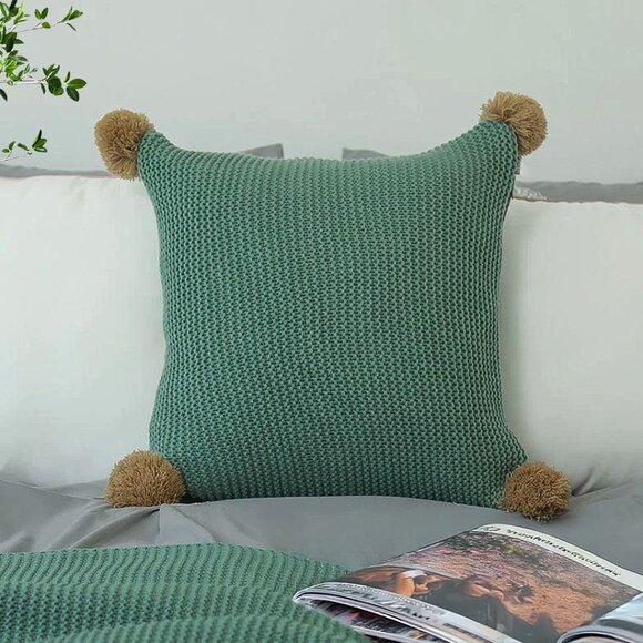 SOGA 2X 45cm Ribbed Knit Pillowcase with Pom-Poms (Sage Green) - Picture 1 of 7